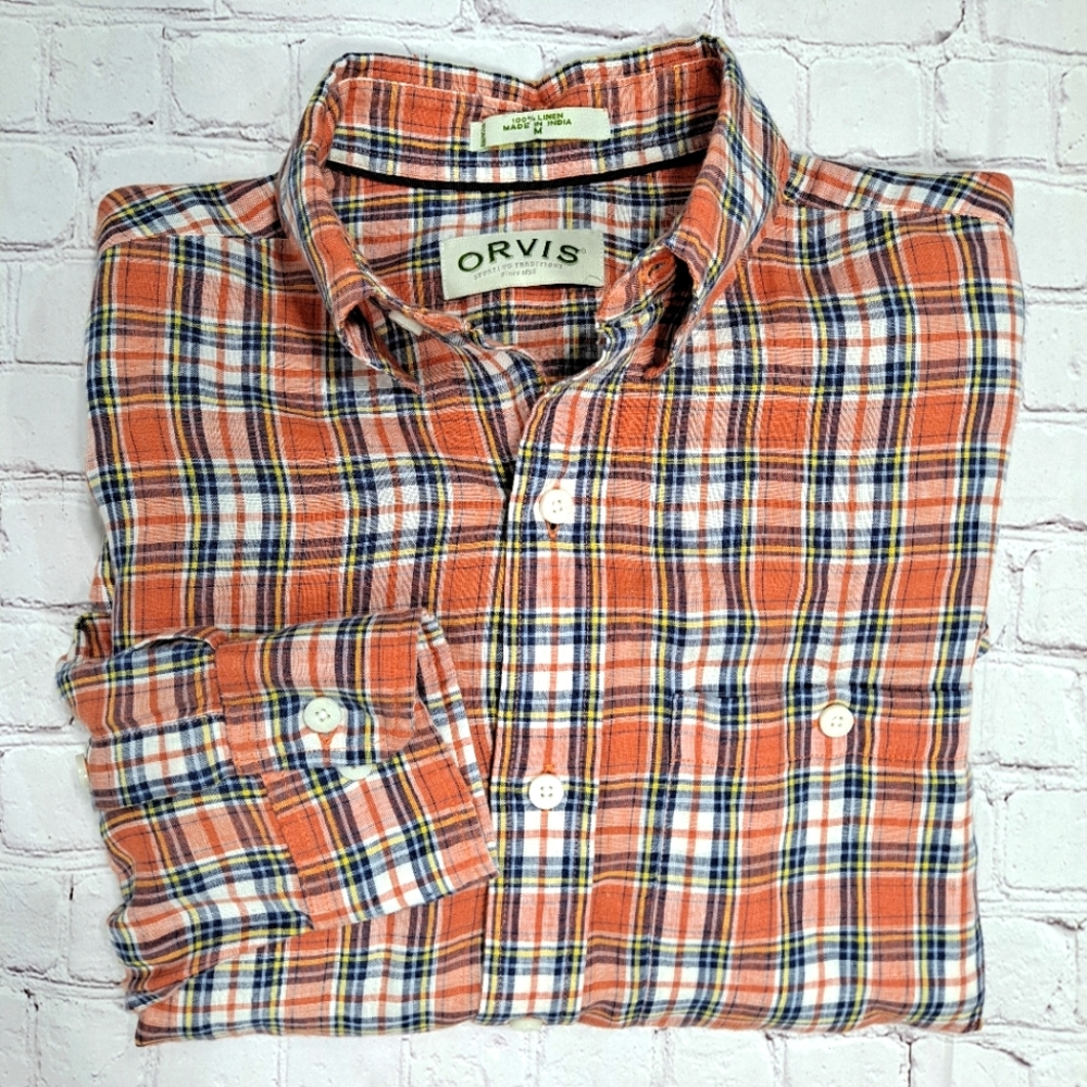 Orvis Orange Plaid Linen Roll Up Sleeves Button Down Shirt